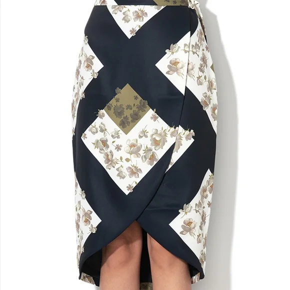 US4🍀Ted Baker London Saphir Pearl Tulip Wrap Navy/Olive/Ivory Skirt - Picture 2 of 8